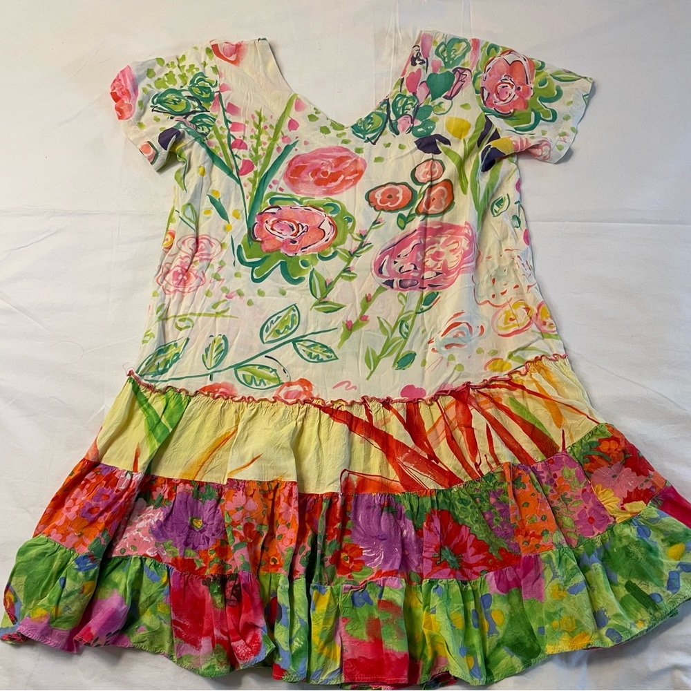 ⚜️Jams World Floral Tiered Cotton Dress - White with Pink & Green